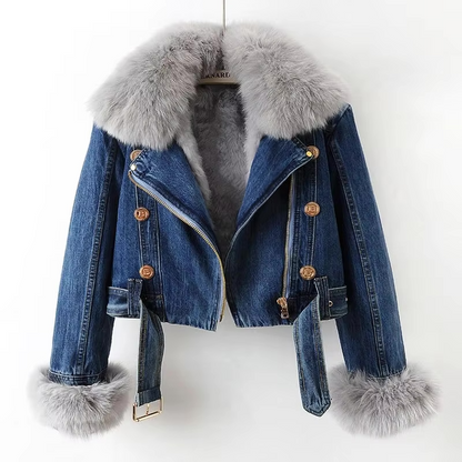 Modische Jeansjacke mit Kunstfell Kragen