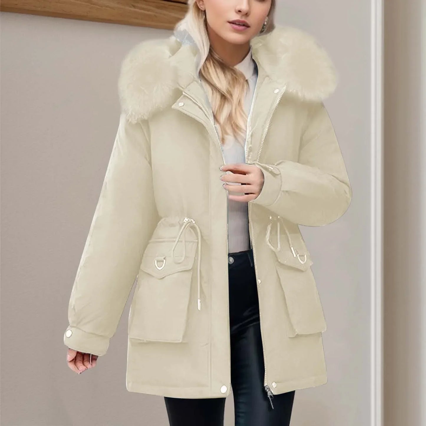 Winter-Windbreaker Damen Kapuze Reißverschluss Taschen