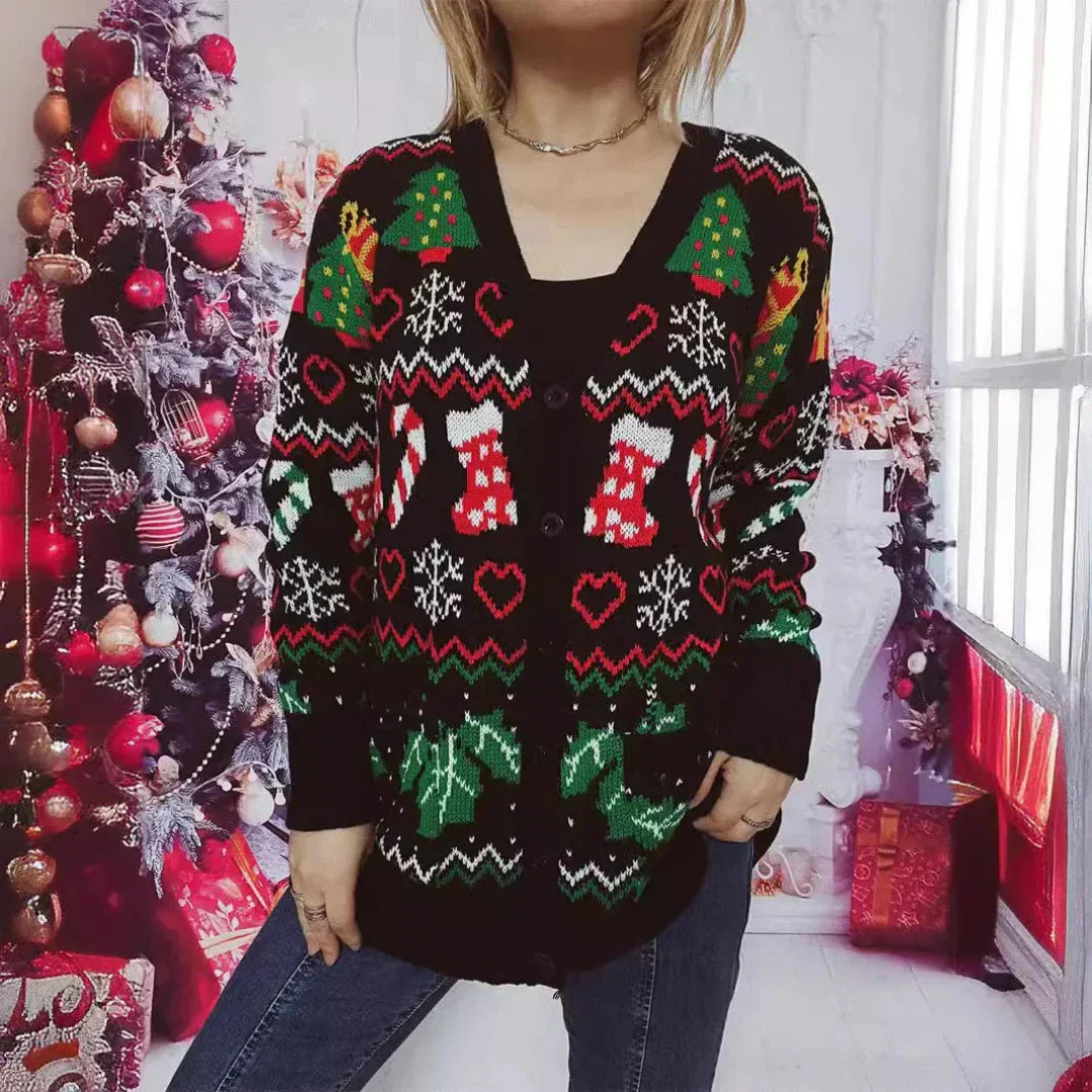 Weihnachtsstrickjacke Festlich Mit Knöpfen V-Ausschnitt