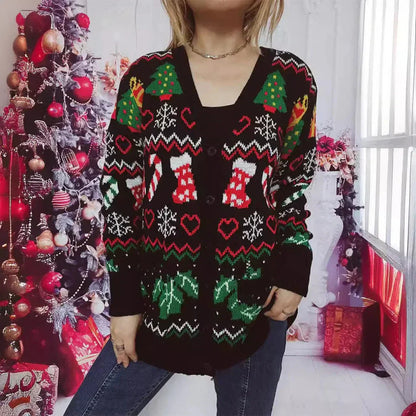Weihnachtsstrickjacke Festlich Mit Knöpfen V-Ausschnitt