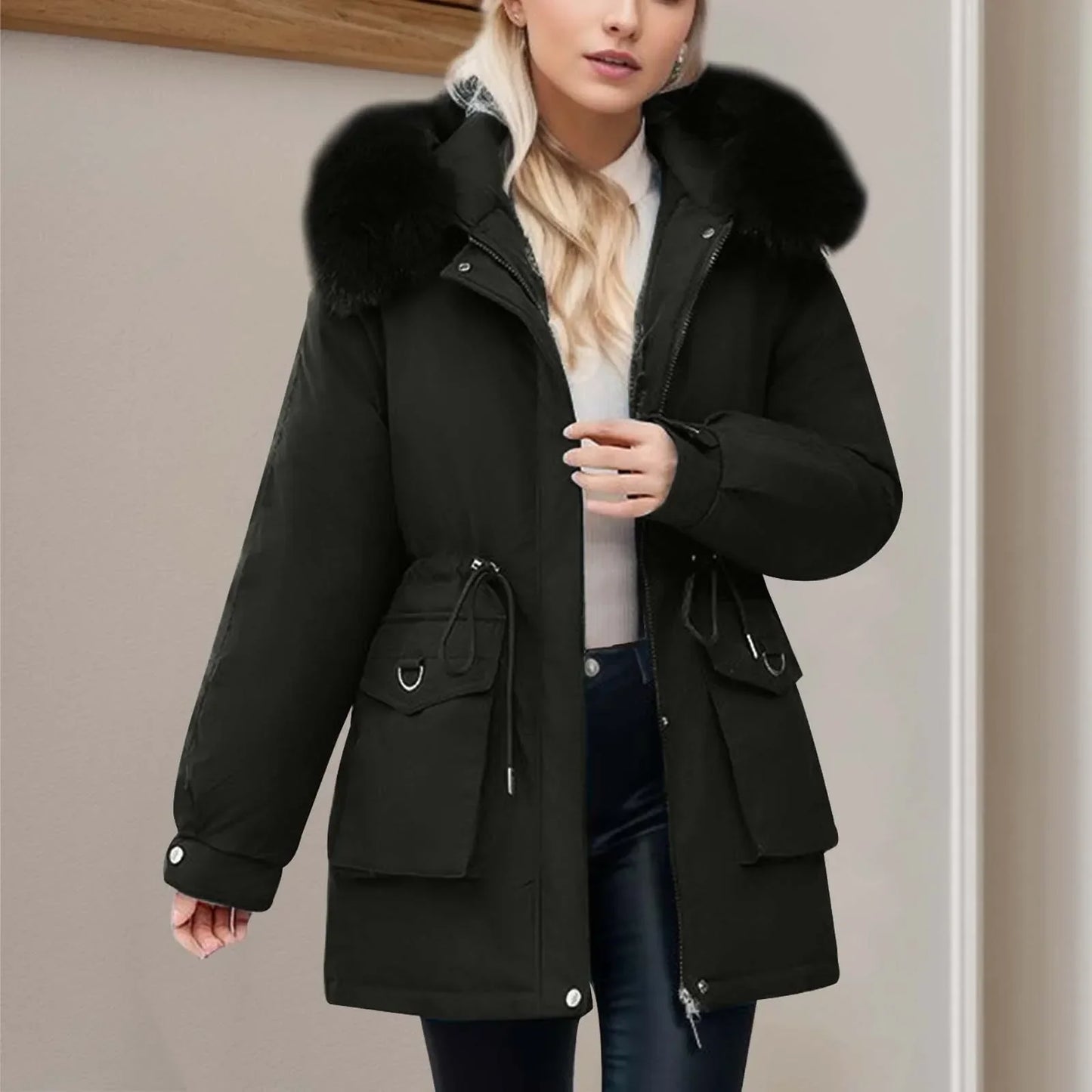Winter-Windbreaker Damen Kapuze Reißverschluss Taschen