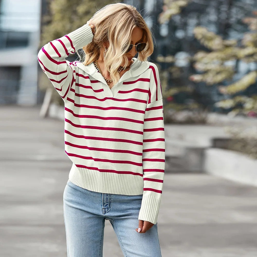 Stylischer Streifen Pullover V-Ausschnitt