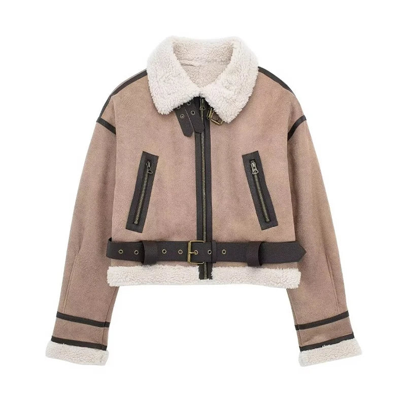Lammfelljacke Damen Oversized Warm Wollfutter Reißverschluss