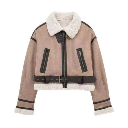 Lammfelljacke Damen Oversized Warm Wollfutter Reißverschluss