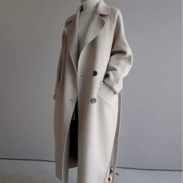 Eleganter Damen Wollmantel mit Taillengürtel Lang
