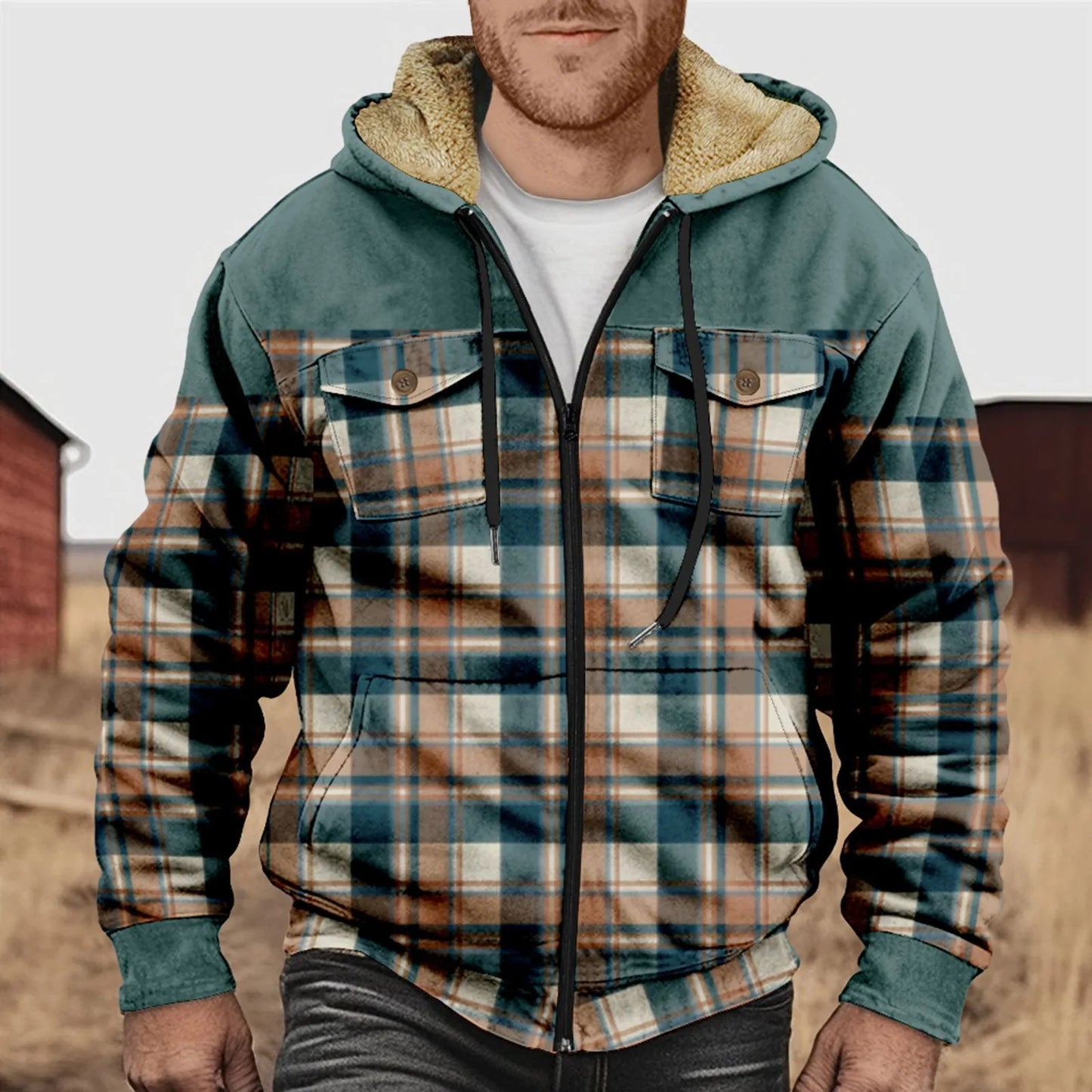 Herren Flanellhemd Kariert Fleece Warm Kapuze