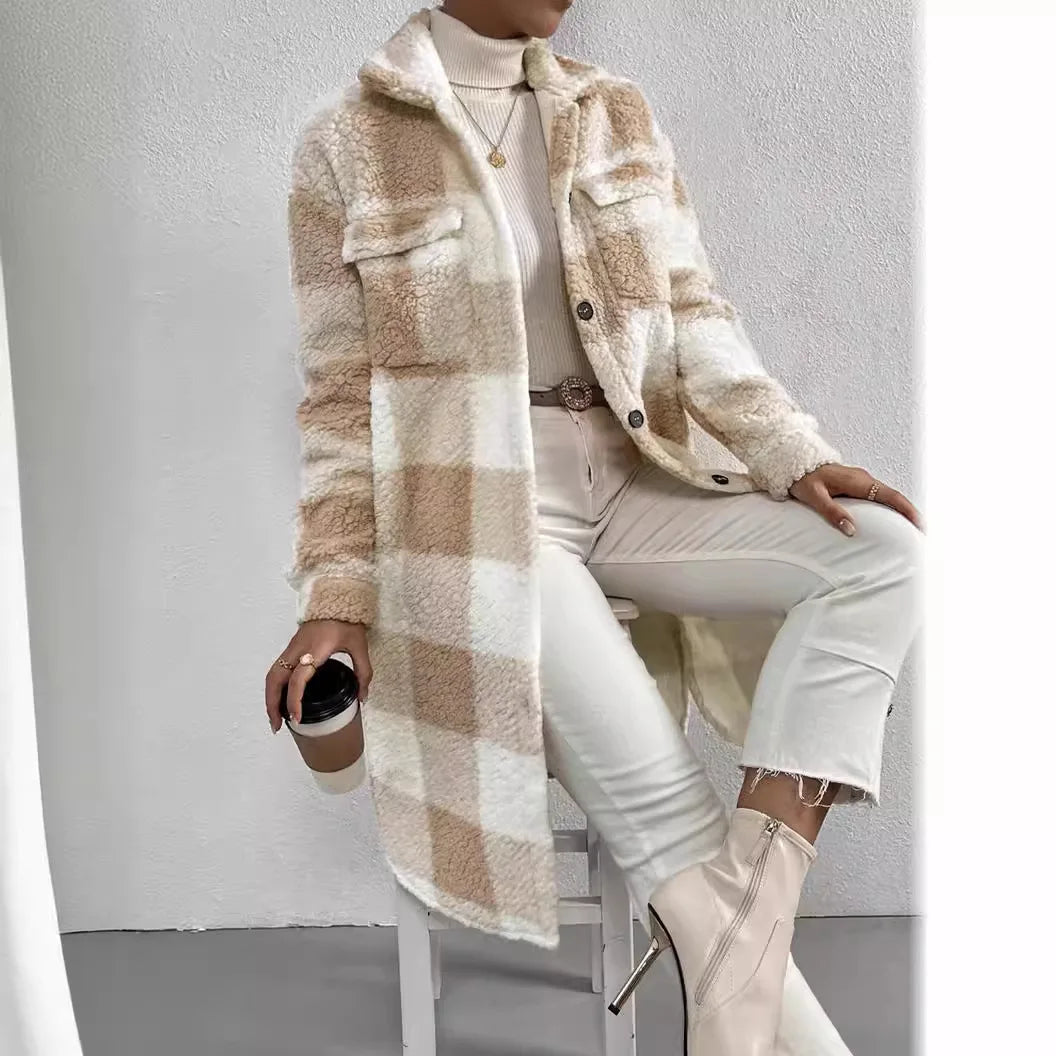 Langer Fleece-Mantel Kariert Warm