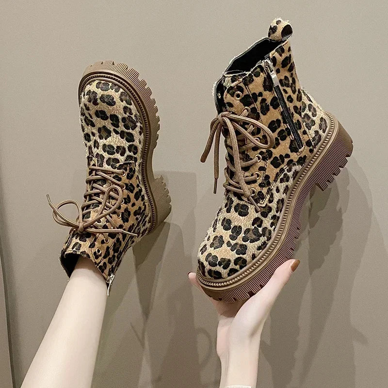 Stylische Kurzstiefel Leopard Muster Dickes Sohlen