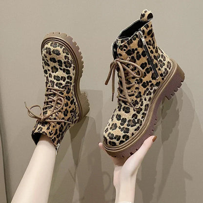 Stylische Kurzstiefel Leopard Muster Dickes Sohlen