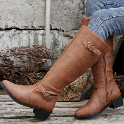 Stilvolle Reitstiefel Damen Schnalle Low Heel