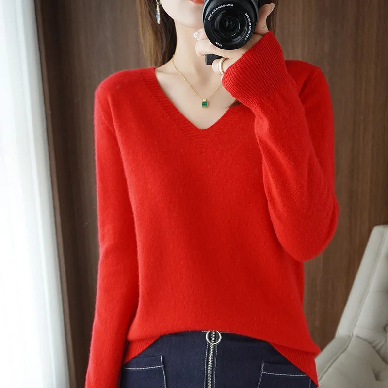 Bequemer V-Ausschnitt Pullover Damen