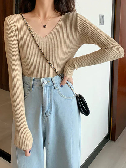 Damen Slim Fit Pullover Rippstrick Herbstmodell