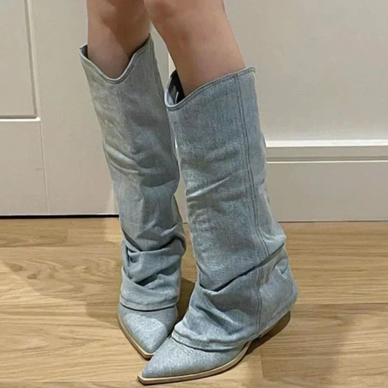 Stylische Cowboystiefel Frauen Knielang Spitze Absatz
