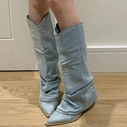 Stylische Cowboystiefel Frauen Knielang Spitze Absatz