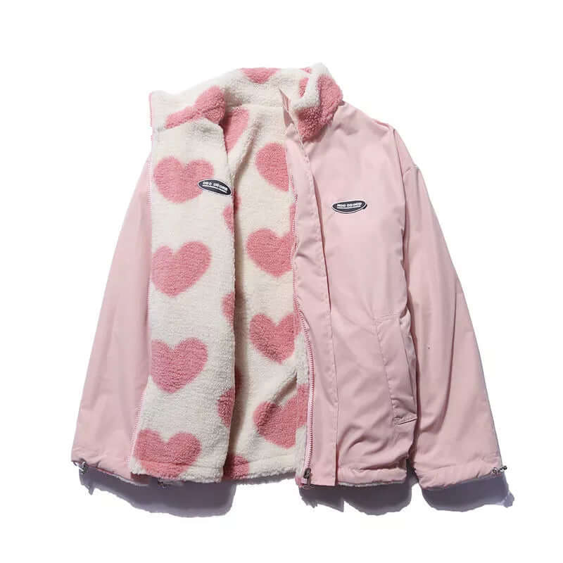 Herz-Druck Mantel Wendbar Plüsch Fleece Damen