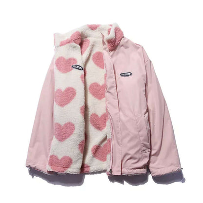 Herz-Druck Mantel Wendbar Plüsch Fleece Damen