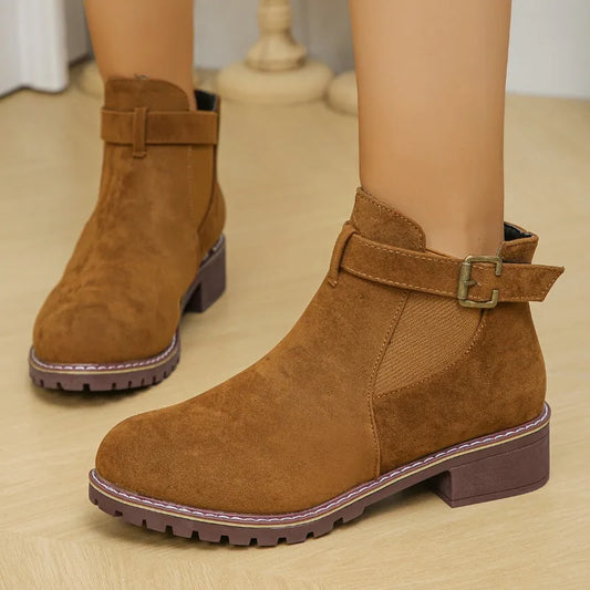 Winterstiefel Damen Schnalle Runde Zehe Chunky Heel - IdealeKleiden
