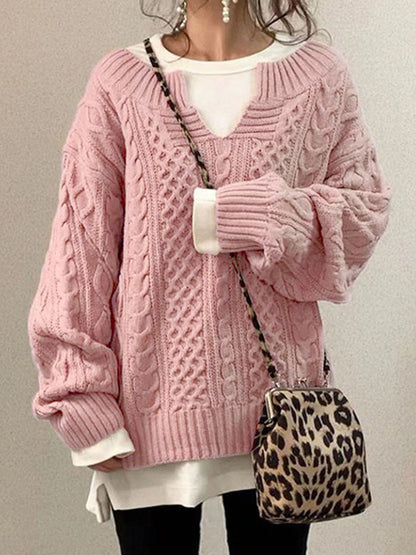 Damen Grobstrick Pullover Mit Schlitzkragen