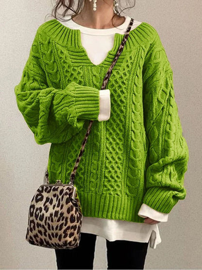 Damen Grobstrick Pullover Mit Schlitzkragen