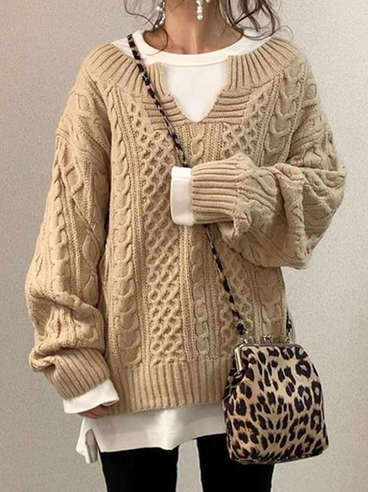 Damen Grobstrick Pullover Mit Schlitzkragen