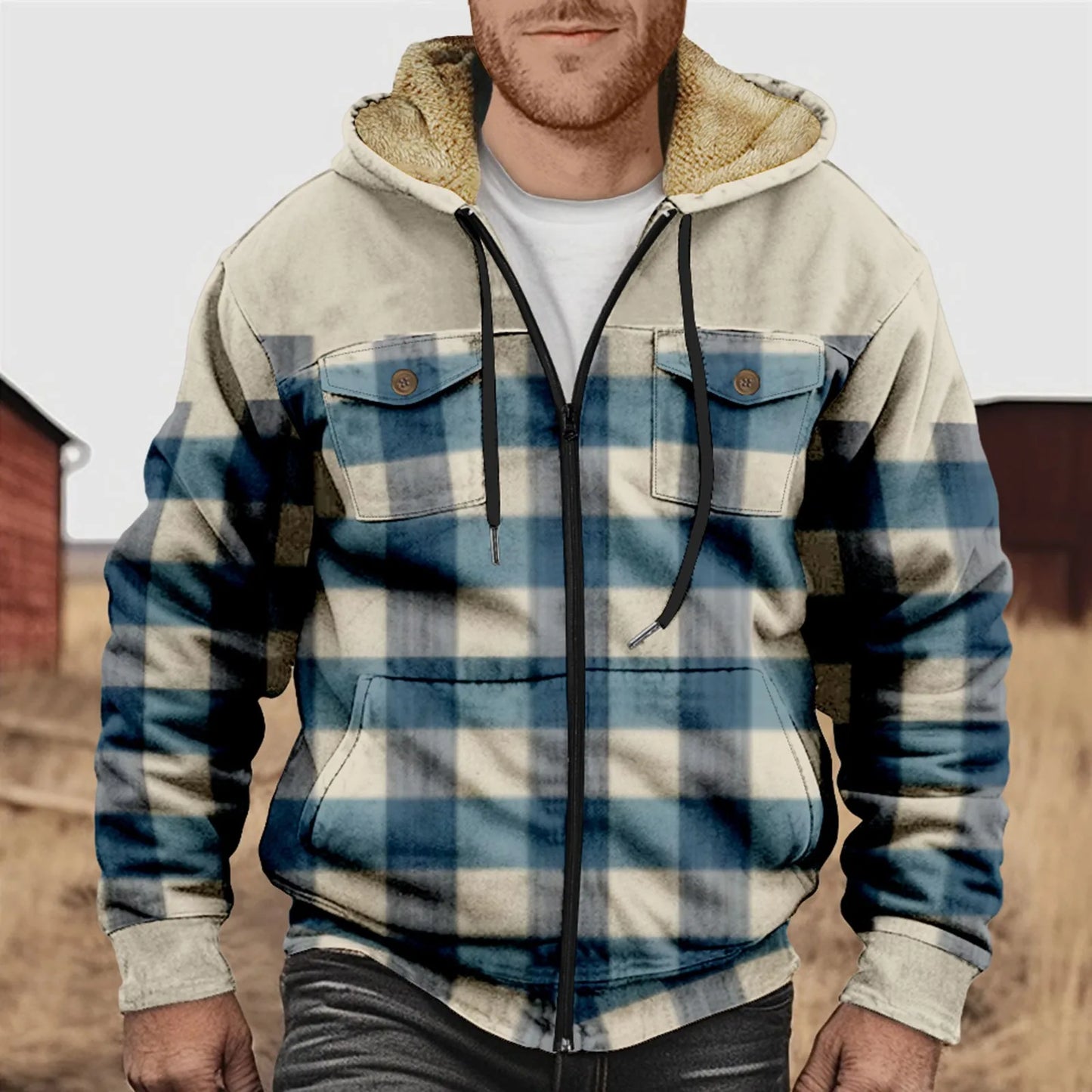 Herren Flanellhemd Kariert Fleece Warm Kapuze