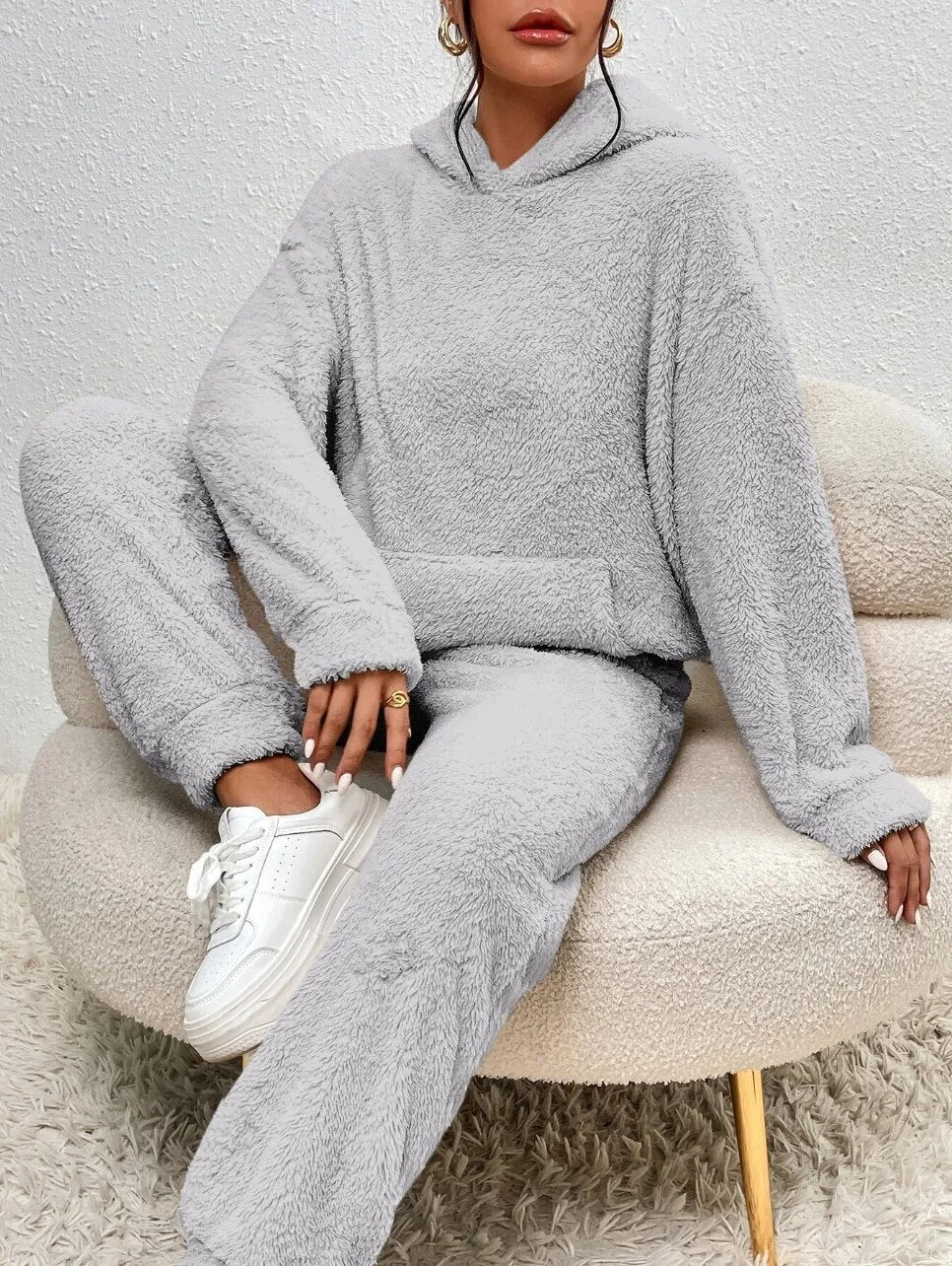 Weiche Teddyjacke Damen Loungewear Set mit Kapuze