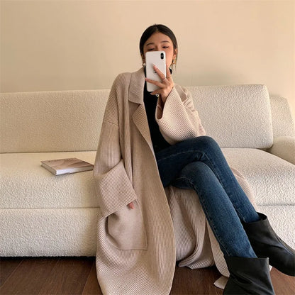 Eleganter Herbst Mantel Lang Frauen Strickmode