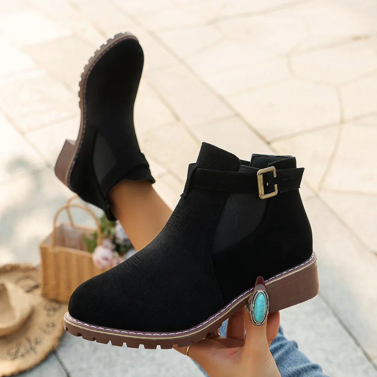 Lässige Stiefel Mittelabsatz Klobige Schnalle