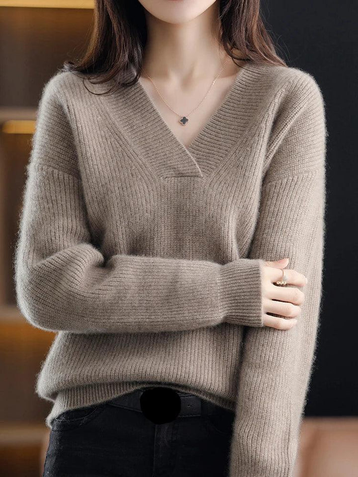 Damen Pullover V-Ausschnitt Langarm Strick