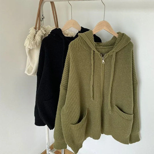 Große Strickpullover Damen Oversized mit Reißverschluss - IdealeKleiden