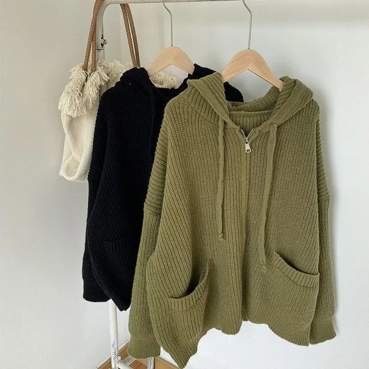 Große Strickpullover Damen Oversized mit Reißverschluss - IdealeKleiden