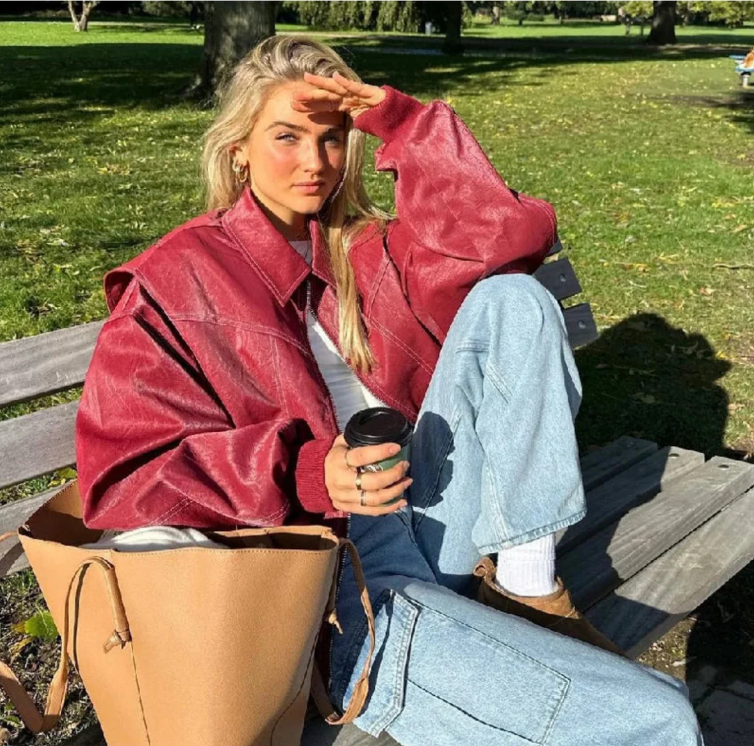 Übergroße Lederbomberjacke Trendy Style