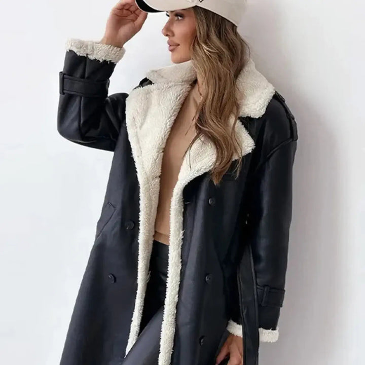 Lange Damenjacke Fleece Teddykragen Warm - IdealeKleiden
