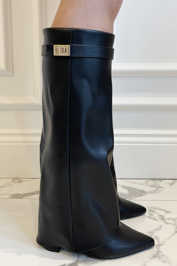 Klappkniehohe Stiefel Wildleder Schnalle Blockabsatz