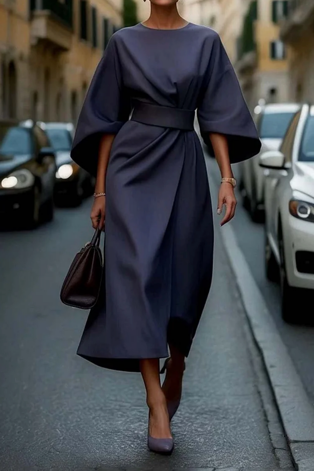Damen Midikleid Elegant Taillengürtel
