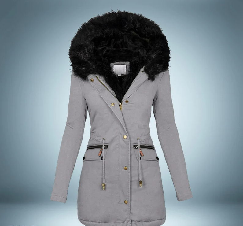 Stylische Parka Damen Schwarz Pelzbesatz