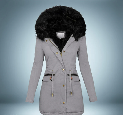 Stylische Parka Damen Schwarz Pelzbesatz