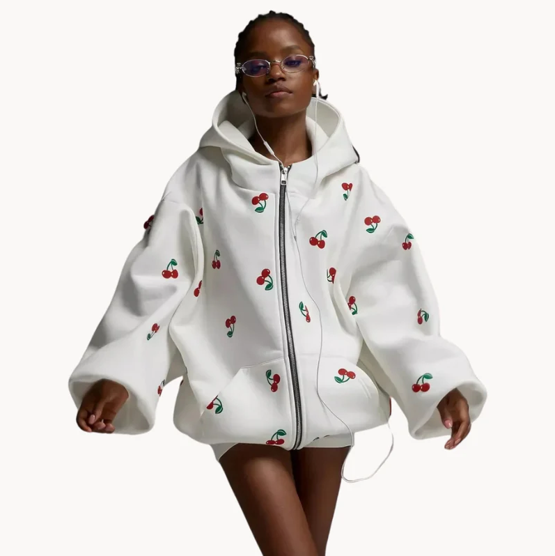 Modische Damenjacke Weiß Kirsch-Print - IdealeKleiden