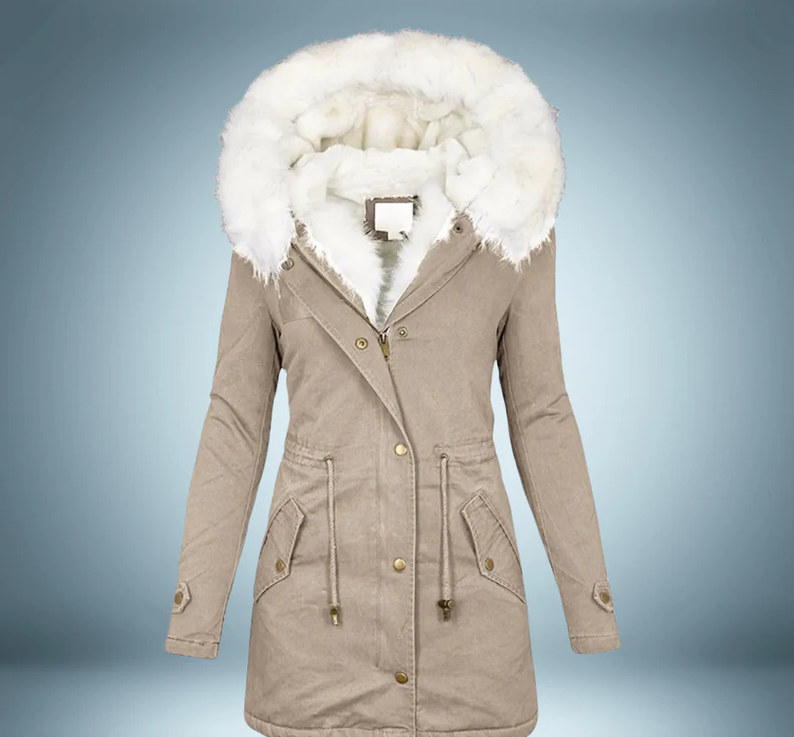 Stylische Parka Damen Schwarz Pelzbesatz