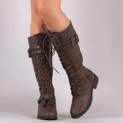 Retro Stiefel Damen Flach Schnalle Schnürsenkel