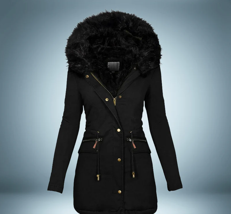 Stylische Parka Damen Schwarz Pelzbesatz