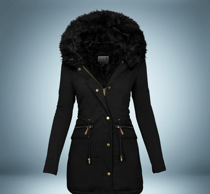 Stylische Parka Damen Schwarz Pelzbesatz