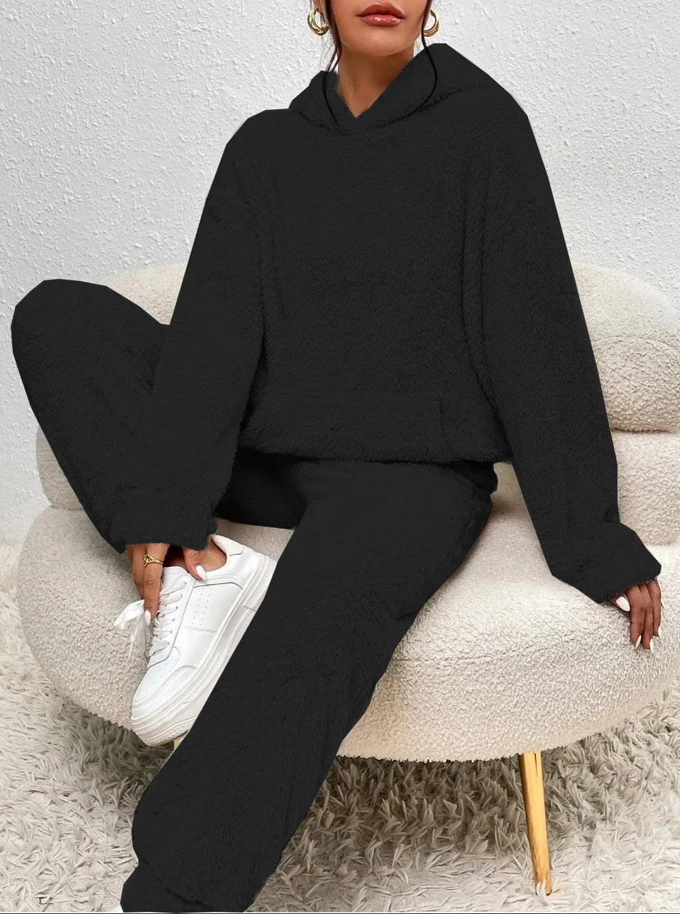 Weiche Teddyjacke Damen Loungewear Set mit Kapuze