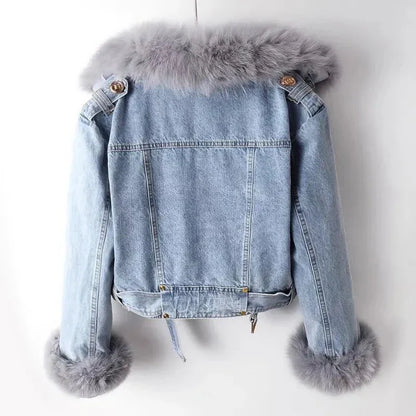 Modische Denimjacke Kunstfellgefüttert Warm - IdealeKleiden