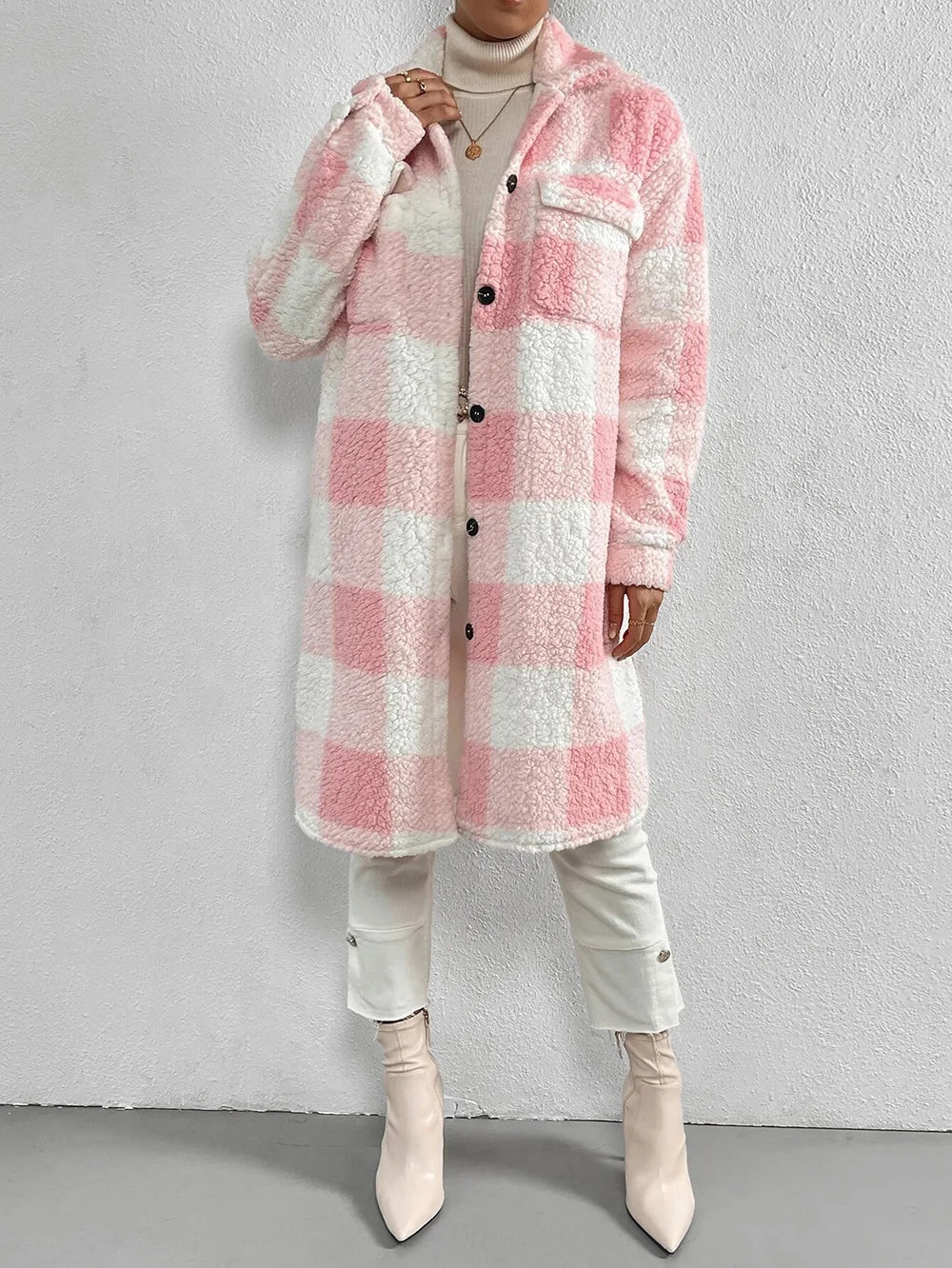 Langer Fleece-Mantel Kariert Warm