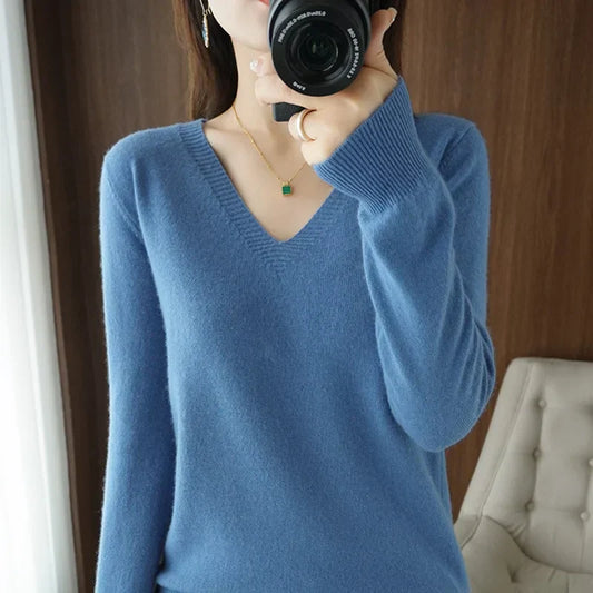 Bequemer V-Ausschnitt Pullover Damen - IdealeKleiden