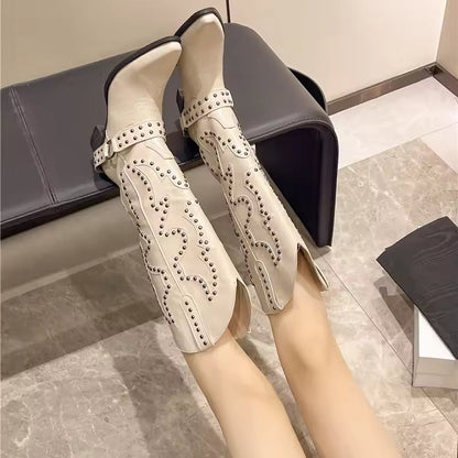 Stilvolle Stiefel Kunstleder Kniehoch Spitze Nieten