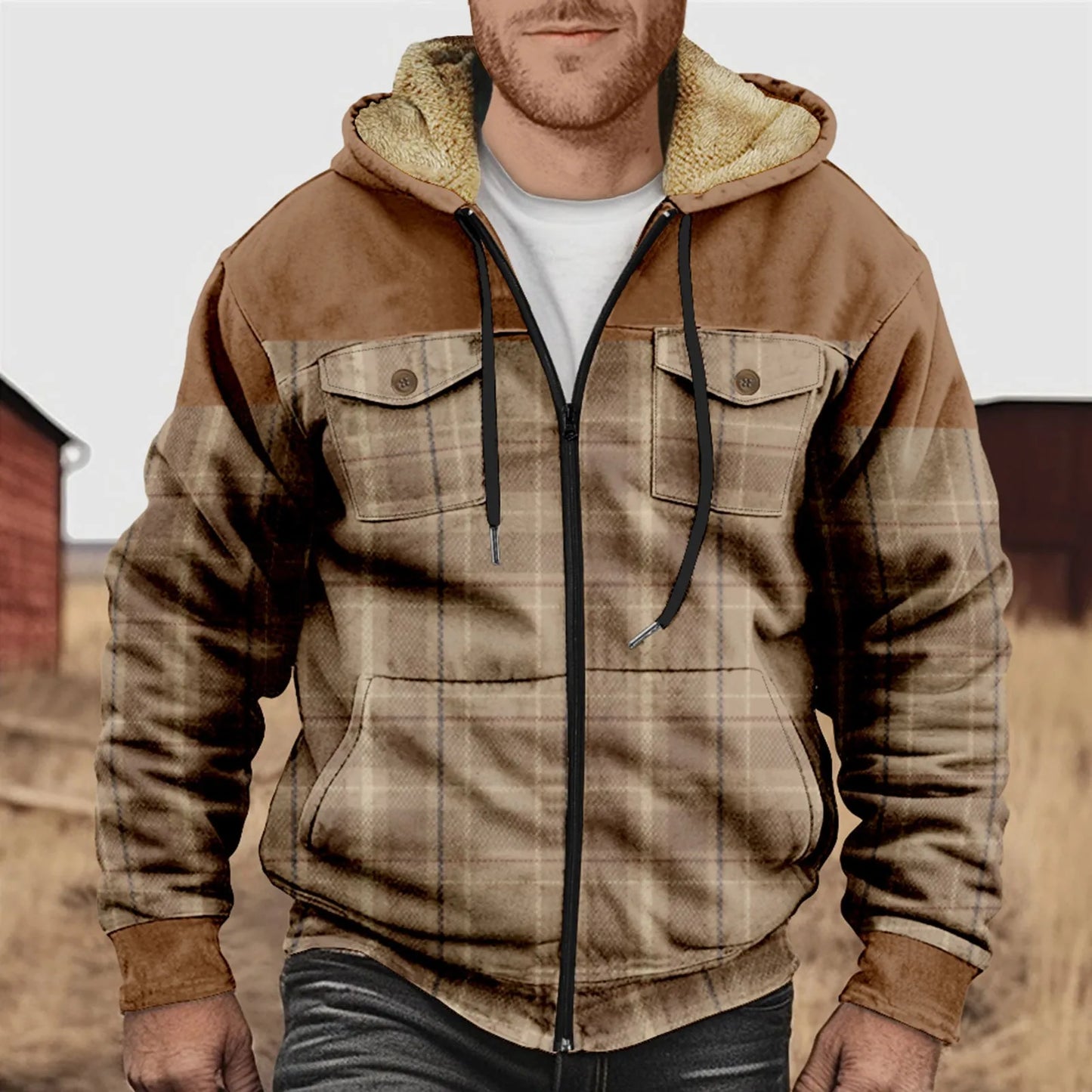 Herren Flanellhemd Kariert Fleece Warm Kapuze