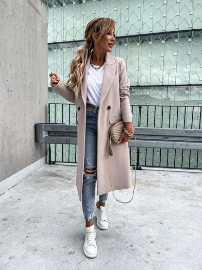 Damen Winterjacke Lang Elegant mit Reverskragen und Taschen
