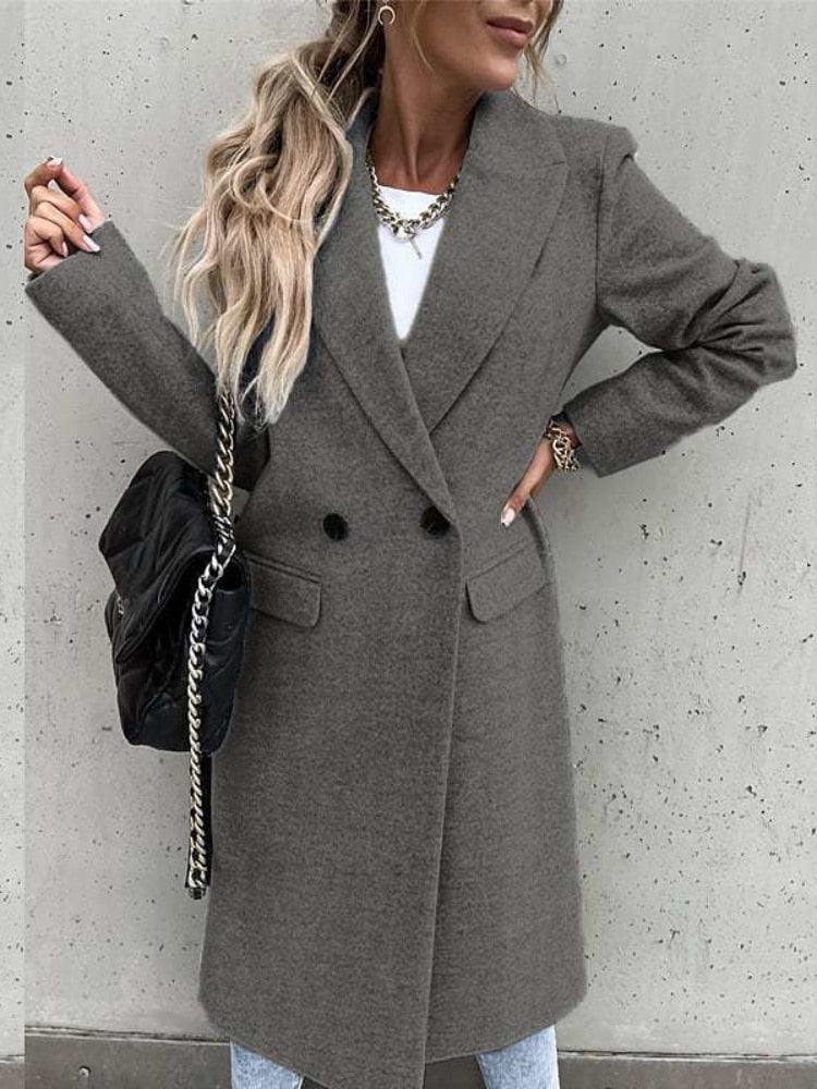 Damen Winterjacke Lang Elegant mit Reverskragen und Taschen